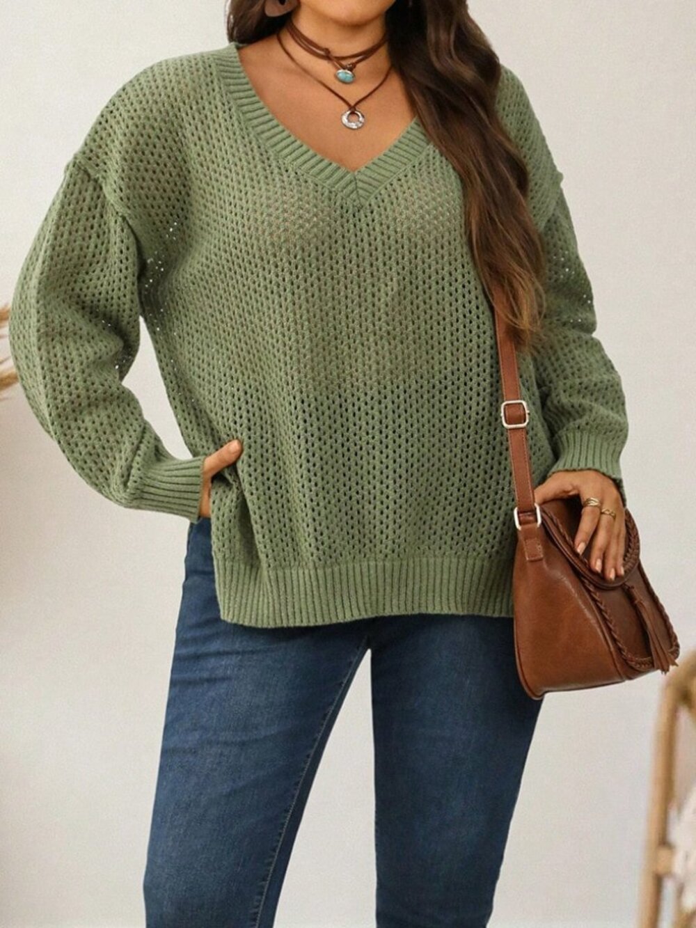 Green Casual Women's Plus Size Loose Hollow V-Neck Drop Shoulder Sweater - Picture 5 of 7